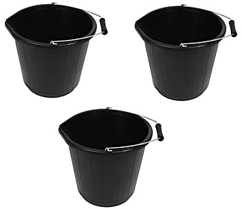 JMS we create smile 3 X 3 Gallon Bucket/Builders Buckets 14 Litre Water Storage Durable Plastic Buckets With Measuring Guide & Handle- Made in UK (Black)