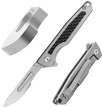 ITOKEY Titanium Folding Scalpel, Slim Razor Knife with Frame Lock, 10pcs #24 Replaceable Carbon Steel Blades, EDC Utility Pocket Knife with Clip, Surgical Keychain Knives for Men Hunting Skinning Outdoor (#24)