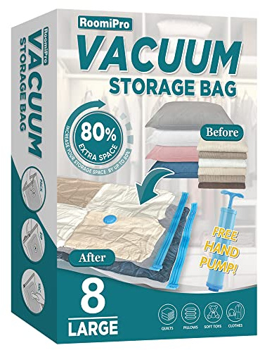 Roomipro Sacchetti sottovuoto salvaspazio per conservare il vuoto, 8 grandi sacchetti sottovuoto con pompa, sacchetti sigillati sottovuoto per vestiti, piumoni, coperte, biancheria da letto