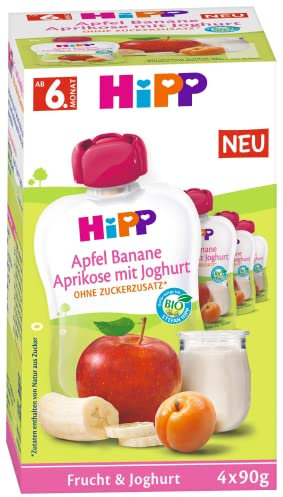 HiPP Bio Frucht und Joghurt Apfel Banane Aprikose mit Joghurt 4x 90g, 4er Pack (4 x 4 x 90g)