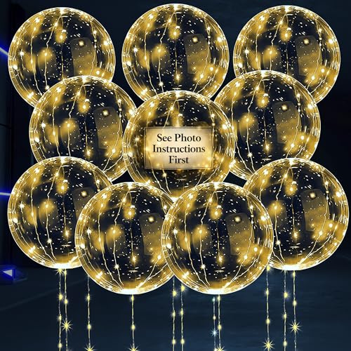 10 Pcs LED Balloons Light Up Balloons for Parties – Clear 18 Balloon with Gold String Lights & Individual Switch – Light Up Graduation Decorations for Indoor & Outdoor Events, Batteries Not Included