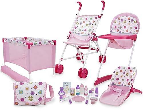 509 Crew 21 Piece Doll Stroll n Play & Care Combo Set, Stroller, Playard, High Chair Set, Carry Cot, Diaper Bag, Feeding and Grooming Accessories, Ages 3+
