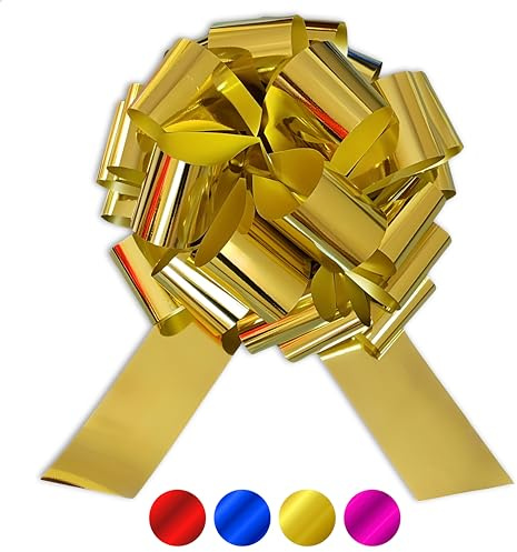 Üka • Fiocco Regalo XXL. Diametro di 40 cm. Fiocco per Regalo Gigante per Auto, Bicilette ed Elettrodomestici. Design Automontante e Riutilizzabile. Fiocco Regalo Grande in Oro Metallizzato.