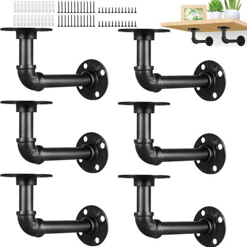 MUXHEL 6PCS Industrial Pipe Shelf Brackets, Wall Mounted Industrial Shelf Brackets with Screws, Black Pipe Brackets for Shelves, Scaffold Board and Home Decoration