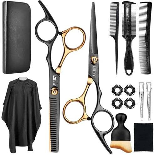 AULikY Lot de 15 ciseaux de coupe de cheveux professionnels en acier inoxydable pour barbier/salon/maison/homme/femme/enfant/adulte