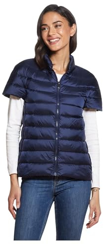 Martha Stewart Women’s Quilted Down Puffer Vest, Lightweight Short Sleeve Jacket with Pockets, Warm Winter Coat, Navy, M