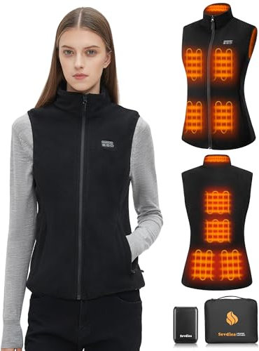 Sevdiea Fleece Heizweste Damen mit Powerbank 16000mah 7.4v, Beheizte Weste 4-in-1 Unabhängiger Controller mit Licht-aus-Design, Leichte Wärmeweste mit Akku 9 Heizzone für Winter Outdoor