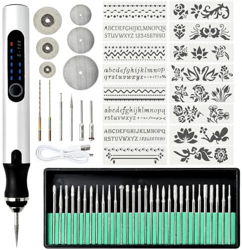 Focenat USB Wiederaufladierbar Gravur Werkzeug Kit,Gravierwerkzeugsatz,Graviergerät Kabelloser,Mini Akku Gravurstift,Gravurwerkzeug Ätzstift,für Schmuck Glas Holz Kunststoff Metall Stein