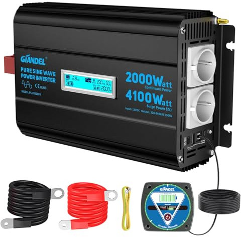GIANDEL 2000W Wechselrichter 12V auf 230V Reiner Sinus Spannungswandler mit Einstellbar Unterspannungsabschaltung Power Inverter mit Fernbedienung und USB-C PD 36W für Wohnmobil Camping Wohnwagen