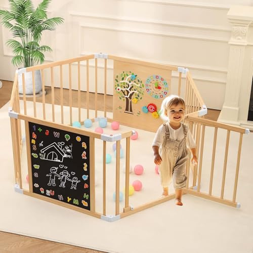 Wooden Baby Playpen with Door, Changeable & Expandable Play Fence for Toddlers, Wood Playpen Kids Activity Center with Chalk-Whiteboard & Montessori Games (26 Tall 6-Panel)