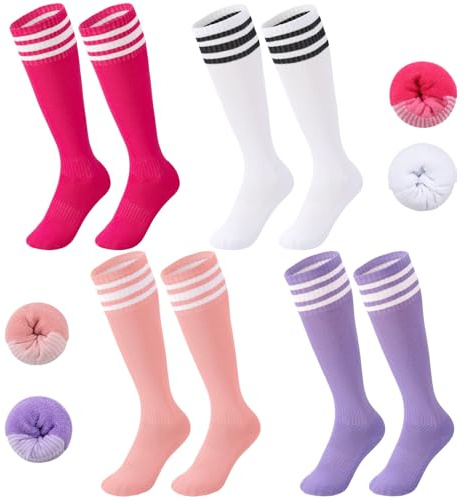 Zuimei 4 Pairs Kids Football Socks,Childrens Football Socks Kids Long Breathable Soccer Socks for Daily Running Training Socks for Kids Girls Boys Aged 5-12(Pink+White+Rose Red+Purple)