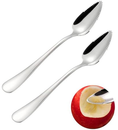 Bralucy Stainless Steel Fruit Scraping Spoon 2pcs Silver Grapefruit Serrated with Non-Stick Plating Spoon for Kiwi, Dessert, Apple, Citrus Fruit