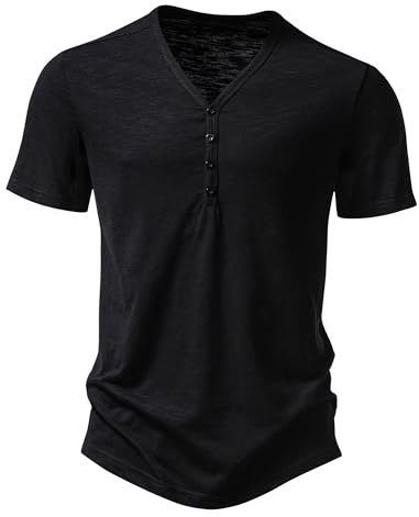 Henley T Shirt Mens Short Sleeve Muscle Slim Fit Tee Smart Casual Summer V Neck Half Button T-Shirt Fitted Collarless Polo Tops-Black-L