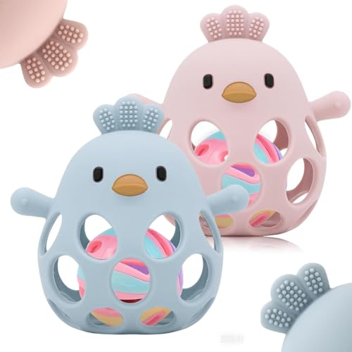 JoyJoyful Giochi Sonaglio Dentizione Del Neonato 0 3 6 9 12 Mesi, Sensoriali Giocattoli Silicone da Massaggia Gengive, BPA Free Montessori Regalo Bambino (Blu+Rosa)