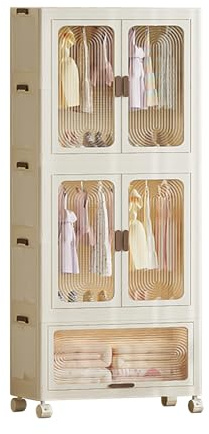 Armadio Appendiabiti Pieghevole 2 Sospensione & 1 Storaggio, Armadietti in Plastica con Ruote e Ante Magnetiche, Scatole Contenitori di Stoccaggio Impilabili per Camera da Letto, 70x41,5x191,4cm