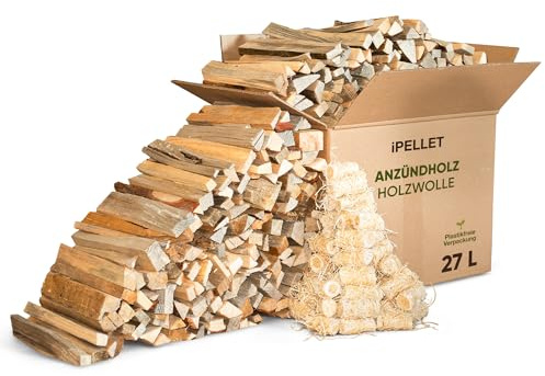 iPELLET Anzündholz aus Kiefer, 27 L Box (ca. 7 kg) mit Holzwolle-Anzündern | Naturprodukt, Kaminanzünder für Ofen, Grill & Feuerstelle