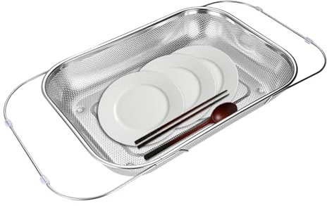Sill över diskbänken | expanderbart durkslag i rostfritt stål, fint nät köksställ för ris pasta grönsaker frukt bär tvätt matlagning