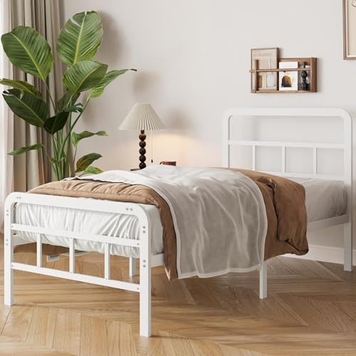 Yicensen Metalliskt Sängram 90 x 200 cm med Huvud - och Fotbräda | Sänghöjd 36 cm, Robust Metallstruktur, Minimalistisk Design, Enkel Montering, Tyst Konstruktion, Vit