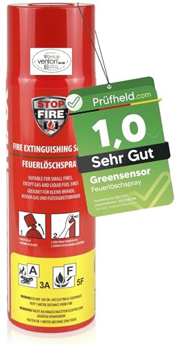 GREENSENSOR - Spray extintor de incendios premium, 500 g, reutilizable, ideal para cocina y hogar, adecuado para clases de fuego A, F