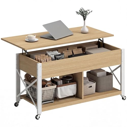 HOMCOM Mesa de Centro Elevable con Ruedas 105x50x67 cm Natural y Blanco