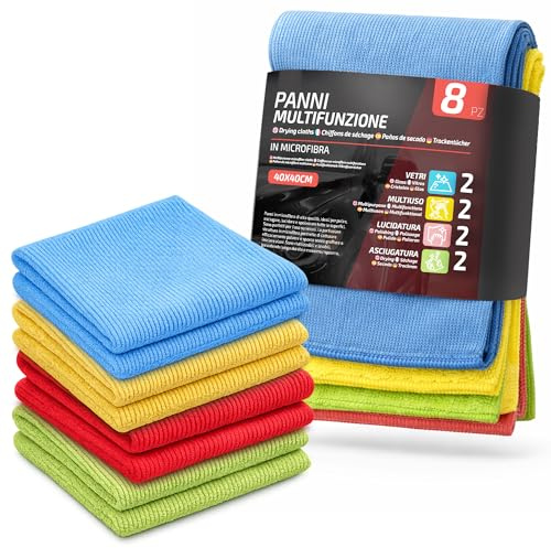VENTUX GEAR Panni microfibra auto - 8 panni in microfibra multiuso 40x40 cm - Panno microfibra multiuso auto per vetri lucidatura e asciugatura superfici