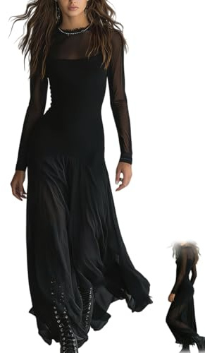 Maxi abito da donna in tulle nero patchwork ampio abito a maniche lunghe in rete con orlo a volant per feste formali abiti da sposa, Nero , XL