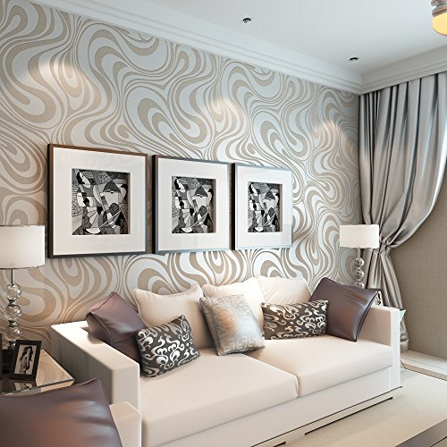 QIHANG Modern Abstract Curve 3D Wallpaper Roll Mural Papel De Parede Flocking for Striped Cream-White&Silver Color 0.7m x 8.4m=5.88SQM