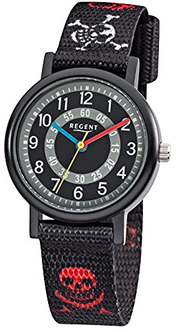Regent Reloj de pulsera para niños elegante y analógico con correa de tela en negro, rojo y blanco, reloj de cuarzo con esfera negra y gris URF950