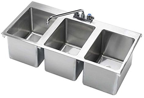 Krowne HS-3819 Heavy-Duty Triple Compartment Drop-in Hand Sink with Center Deck-Mount Gooseneck Swing Spout Faucet for Commercial Restaurant Kitchen | 36W x 18D x 10H Overall, Stainless Steel, NSF