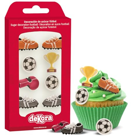 dekora - Decoración de Cupcakes o Tartas con Decoración de Azucar para Postres de Futbol - Pack de 8 Figuras Comestibles