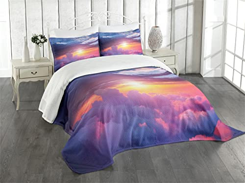 ABAKUHAUS Landschaft Tagesdecke Set, Sunset Himmel und Wolken, Set mit Kissenbezügen luftdurchlässig, für Doppelbetten 264 x 220 cm, Lila Gelb Blau