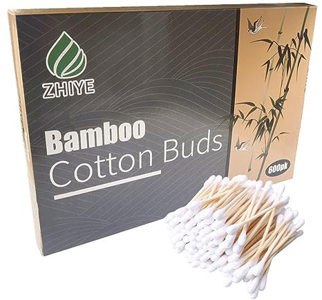 600 pk Bamboo Cotton Buds (6 x 100) by ZHIYE, 100% Biodegradable Cotton Swab with Wooden Handles for Cleaning Ear, Makeup,Keyboard,Wound etc