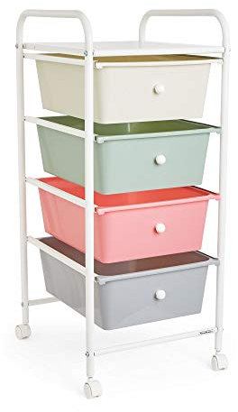 VonHaus Storage Trolley, 4 Drawer Pastel Wheeled Makeup Trolley, Durable Storage with Plastic Drawers, Chrome Frame & 360° Wheels, Versatile Organiser for Bedroom, Bathroom, Home Office