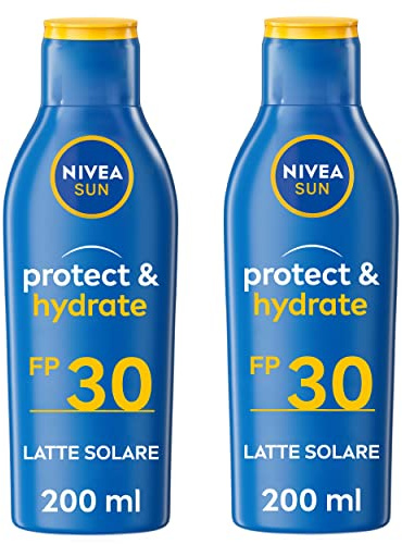 NIVEA SUN Latte Solare Protect & Hydrate FP 30 2 x 200 ml, Crema solare 30 che idrata per 48h, Protezione solare 30 resistente all'acqua con vitamina E antiossidante