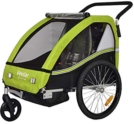 Veelar Bike Trailer & Stroller 2 in 1 Double Seat for Toddlers, Kids, Child Bicycle Carrier Jogger (Green/Black)