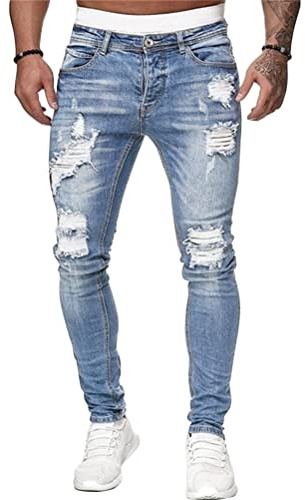 ORANDESIGNE Homme Jeans Déchirés Coupe Slim Pantalon en Denim Extensible Jean Skinny Décontracté Casual Vintage Biker Jeans Pantalon Crayon Militaire