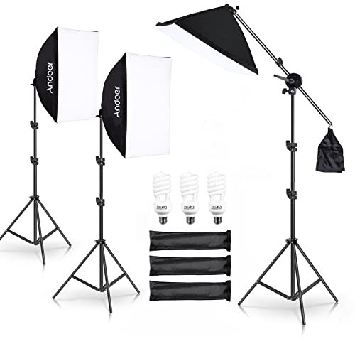 Andoer Softbox Iluminacion Kit Fotografia con 3 Softbox 50×70cm, 3 Bombilla LED de 45W, 3 Soportes de Luz 2M, Brazo de Pluma para Retrato de Estudio Producto Foto Video Transmisión en Vivo