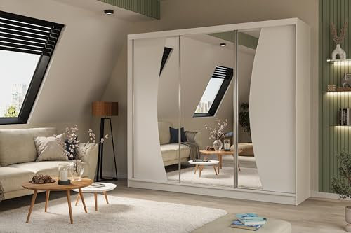 ALTDECOR Kleiderschrank mit Spiegel und Schiebetüren, kugelgelagerte Führungsschienen und Aluminium-Leisten - VOXI - 240 cm Weiß