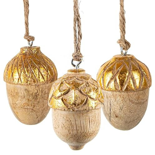 Logbuch-Verlag Lot de 3 pendentifs de Noël en bois - Glands et noix - Décoration de Noël à suspendre - Doré naturel - 6 cm