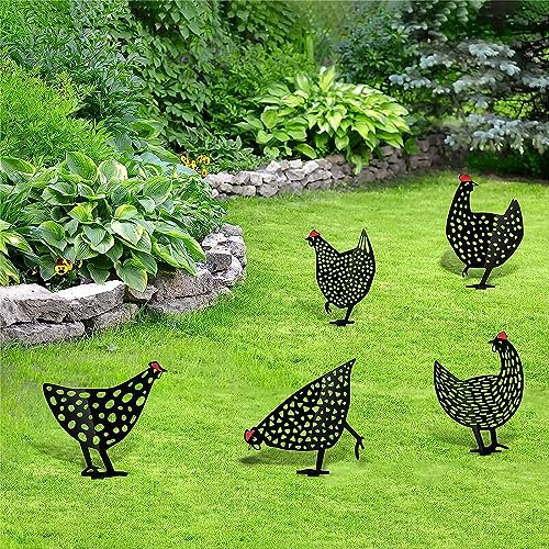 Zuzanny Lot de 5 statuettes décoratives en forme de poules - Décoration de jardin en métal noir - Convient pour la décoration pastorale de jardin ou pelouse
