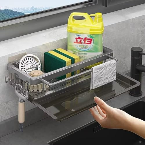 Xinwanhong Spülbecken Organizer, Edelstahl Spülbecken Caddy Organizer, Waschbecken Organizer Küche, Schwammhalter Organizer mit Handtuchhalter und Abflusspfanne, grau