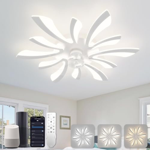 YUNLONG Smart Plafonnier Ventilateur de Plafond, WiFi Ventilo Plafond avec Lumière Compatible with Alexa Google Home, Luminaire Ventilateur Techo pour Chambre, Cuisine, Blanc