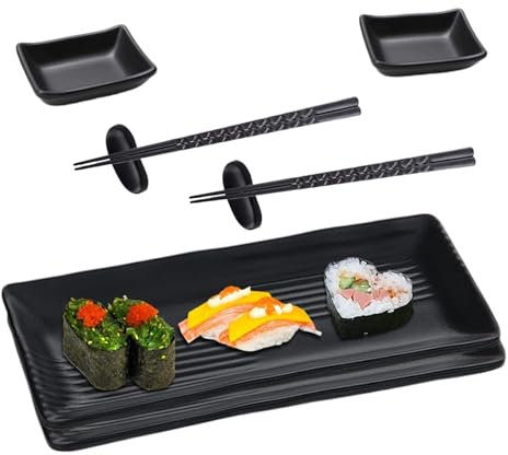 aghoer Vajilla Japonesa de Melamina, Platos de sushi, Comida japonesa 8pcs, Incluye 2 Platos, 2 Pares de Palillos, 2 Bases para Palillos y 2 Cuencos para Salsa, Para dos personas