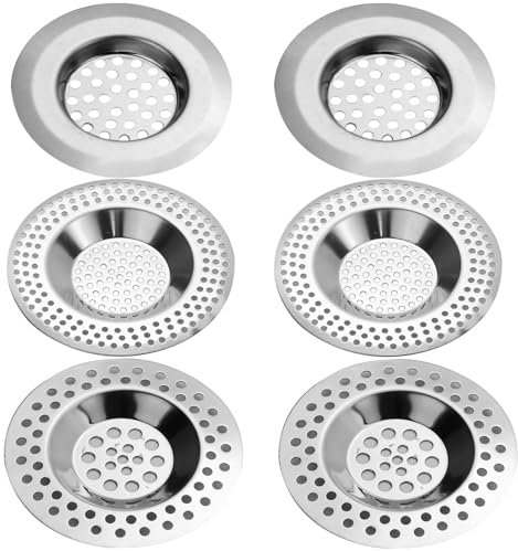 Set di 6 scolapasta per lavello da cucina con scarico doccia, scolapasta doccia, filtro per lavandino per cucina, bagno, protezione del drenaggio, acciaio inox, metallo, 3 misure
