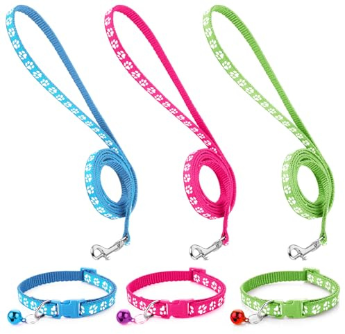 3 Pack Puppy Lead and Collar Set Kitten Collar and Leashes Small Dog Collars and Leashes Pet Cat Adjustable Training Rope Quick Release Paw Print Soft Nylon Pet Collars