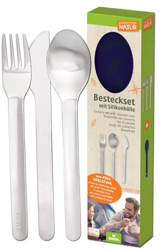 moses. Expedition Natur - Cubertería infantil de 3 piezas con cuchillo, tenedor y cuchara de acero inoxidable, con práctica funda de silicona, ideal para camping, viajes, actividades al aire libre y