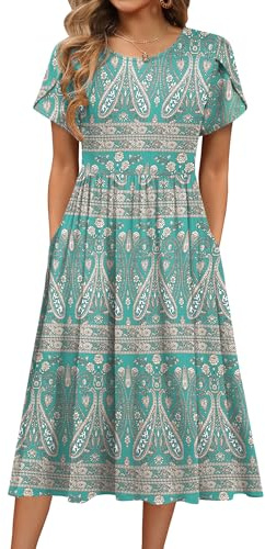 HOTOUCH Women Dresses Elegant Summer Midi Dress Short Sleeve Round Neck Tunic Dress Casual A Line Dresses with Pockets Floral Green L