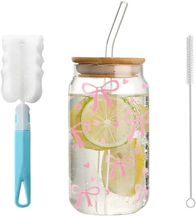 Jiahuade Gobelet en Verre avec Couvercle et Paille,480ml Verre Bubble Tea,Tasses à Café Glac,verre Canette avec Couvercle et Paille,Bubble Tea Cup,Verres à Cocktail,pour Jus,Café,Cocktail,Soda (B)