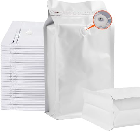50 bolsas de café mejoradas con válvula (8 onzas/0.45 libras), bolsas de almacenamiento de granos de café de fondo plano de aluminio de alta barrera negra, bolsa resellable con cierre térmico para el