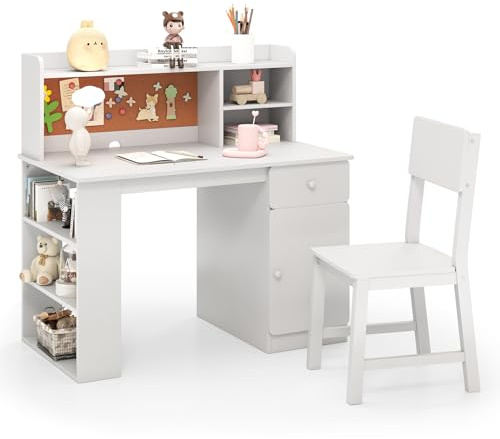 COSTWAY Kids Desk and Chair Set, Children Study Table with 3-Tier Shelf, Drawer, Cork Board, Cable Hole, Storage Cabinet, Student Writing Desk for Boys Girls 7 Years Old+ (White)